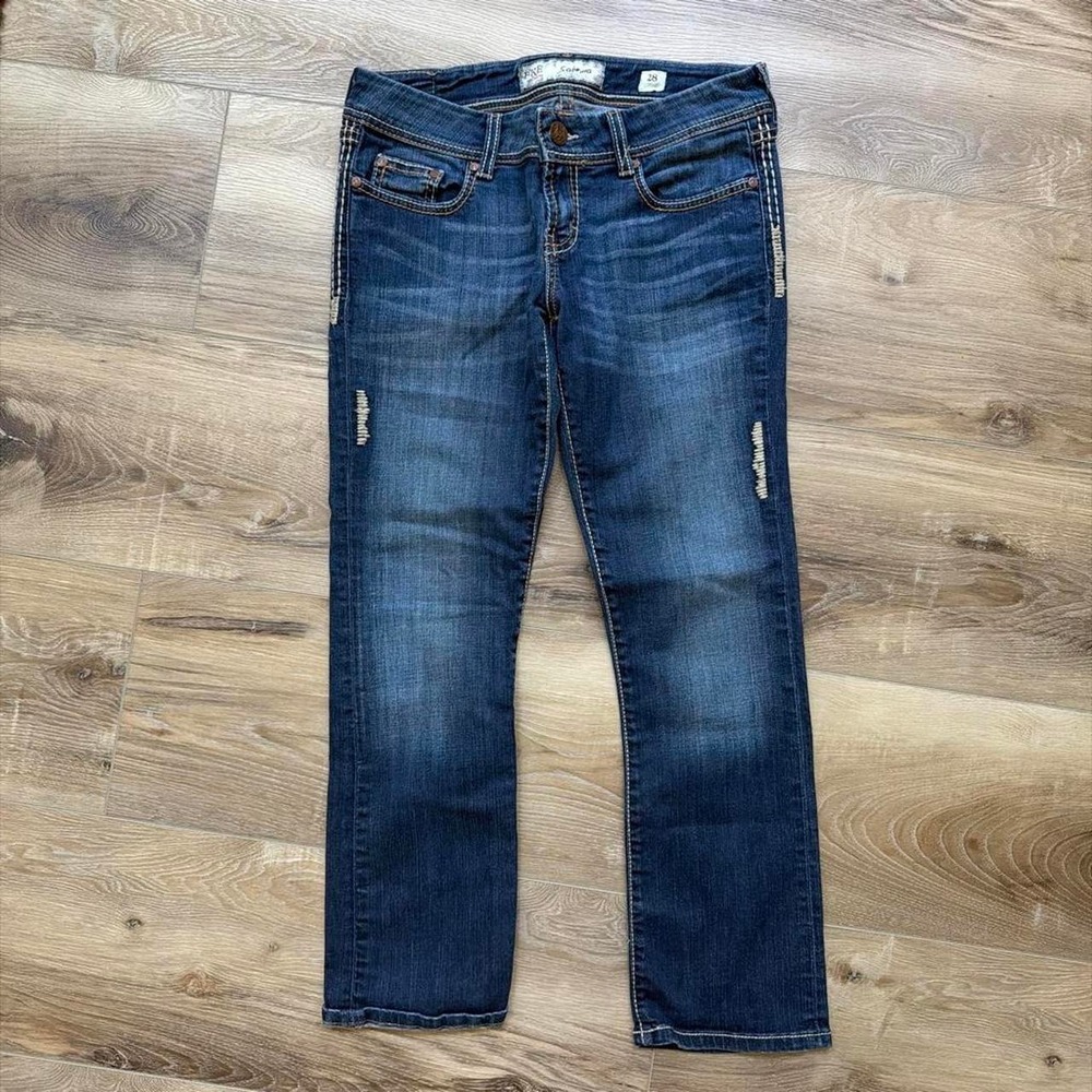 BKE Sabrina Low Rise‎ Distressed Bootcut Jeans Thick Stitch 28 Rodeo Y2K Cowgirl